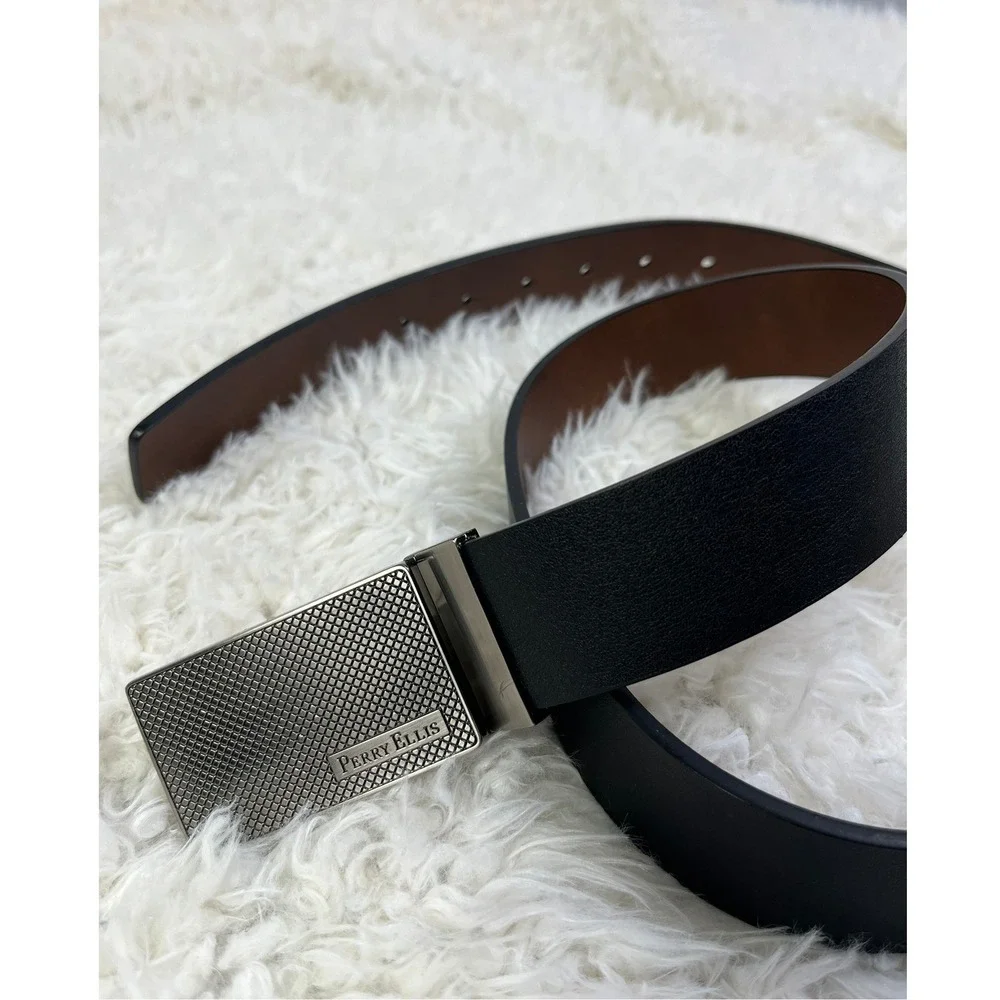 Perry Ellis Reversible Belt Black Brown Silver Buckle Men's Size 34/86